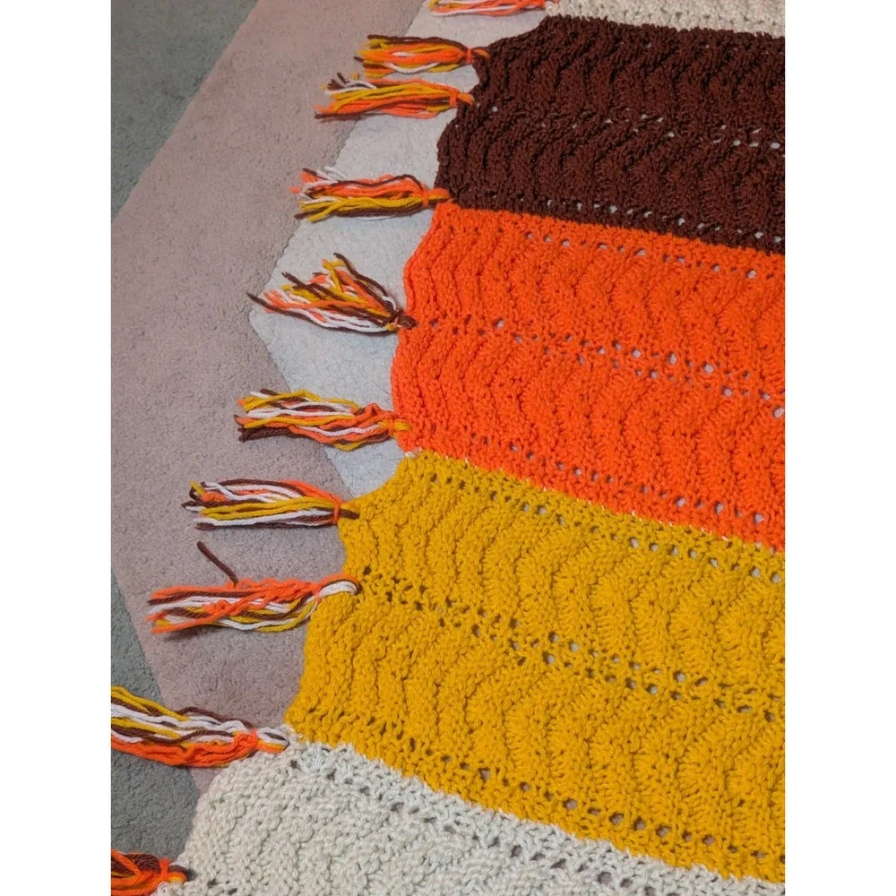 Crochet Afghan Yellow Orange Brown Harvest Autumn Blanket Handmade 54X59 Vintage